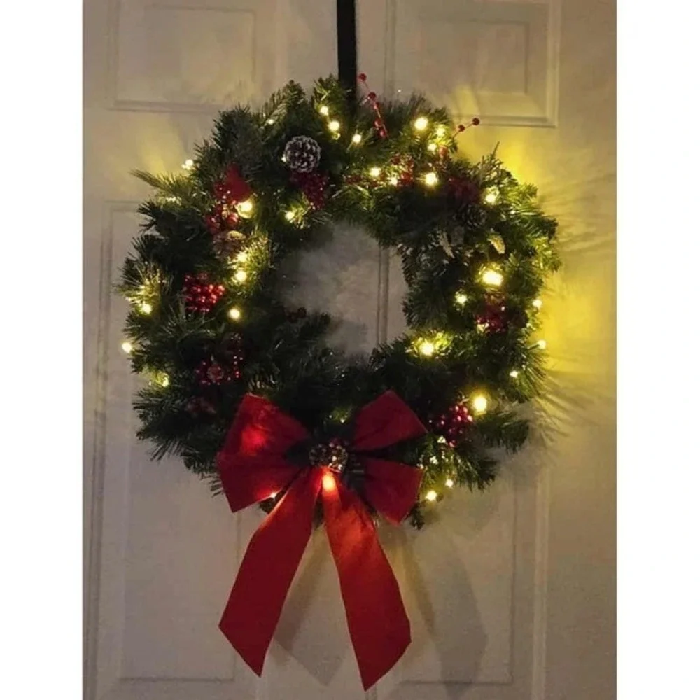 Christmas Wreath Red‎ Bow Pinecones Berries Holiday Home Decor
